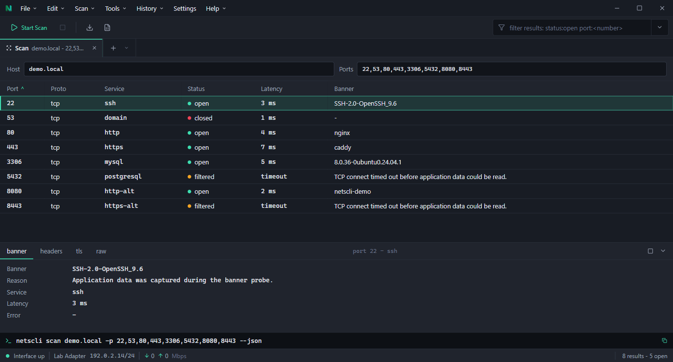 NetsCLI Desktop dark theme scan view showing demo port results, row details, command preview, and status bar